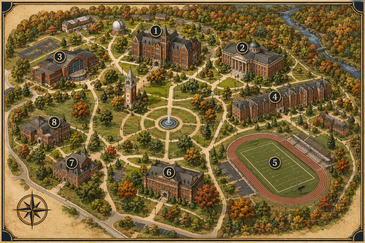 Illustrated map of Northfield University's campus, numbered 1 through 8